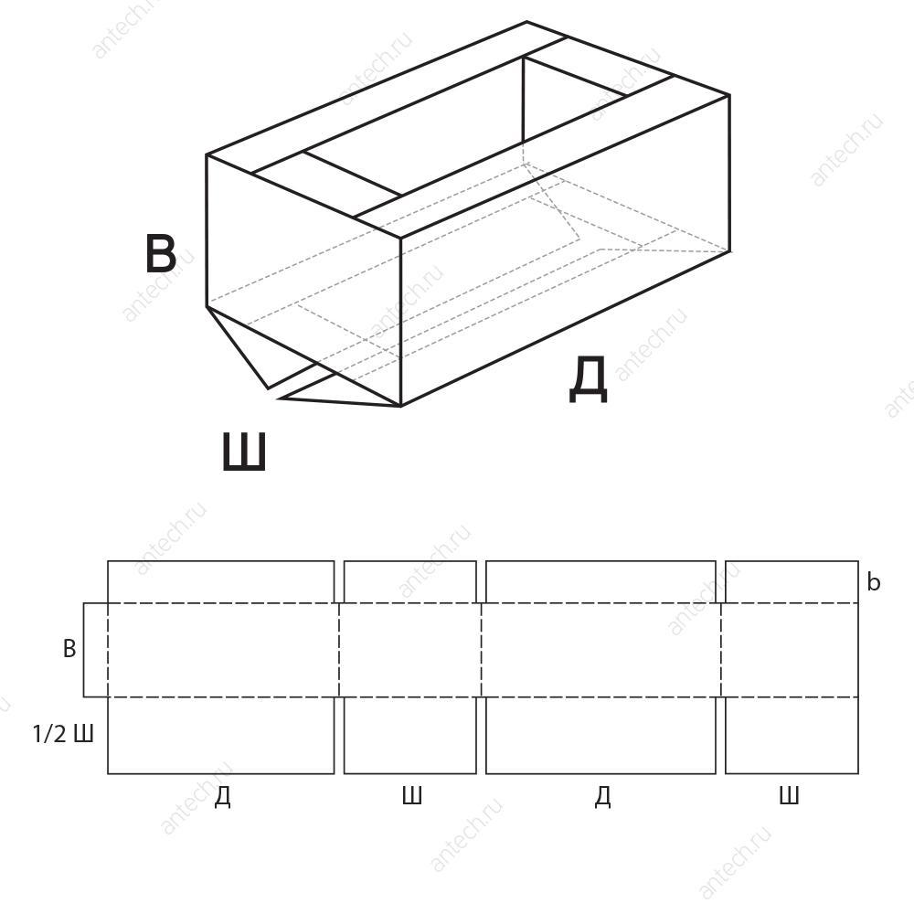 FEFCO 0209 Коробка четырехклапанная с дном из внешних стыкующихся клапанов и крышкой из укороченных клапанов