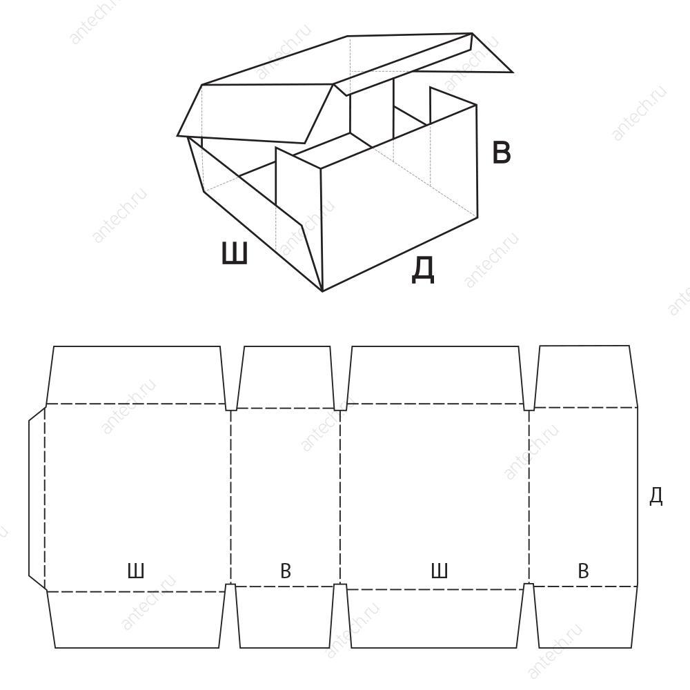 FEFCO 0406 Коробка оберточного типа из одной заготовки с боковыми клапанами и крышкой