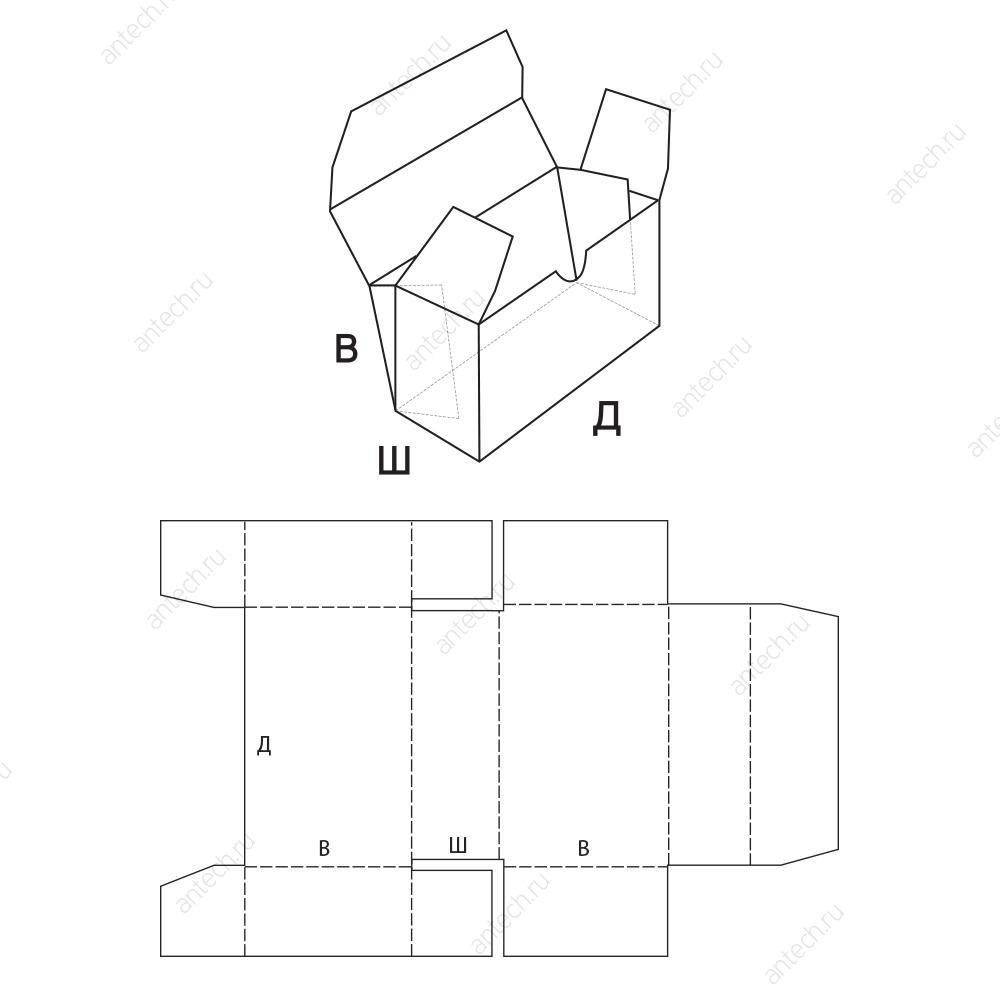 FEFCO 0444 Самосборный короб с откидной крышкой и торцевыми клапанами