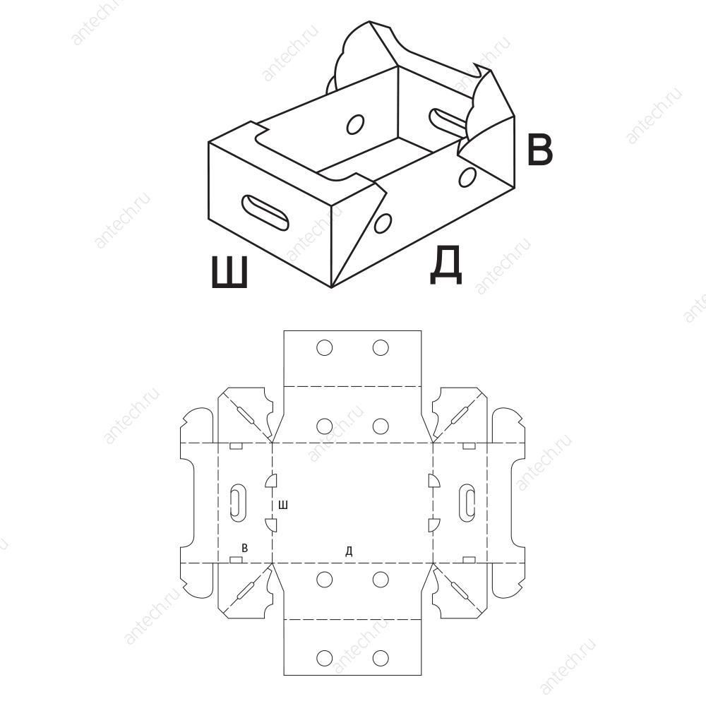 FEFCO 0774 Коробка клеенная, складная, лоток с ручками